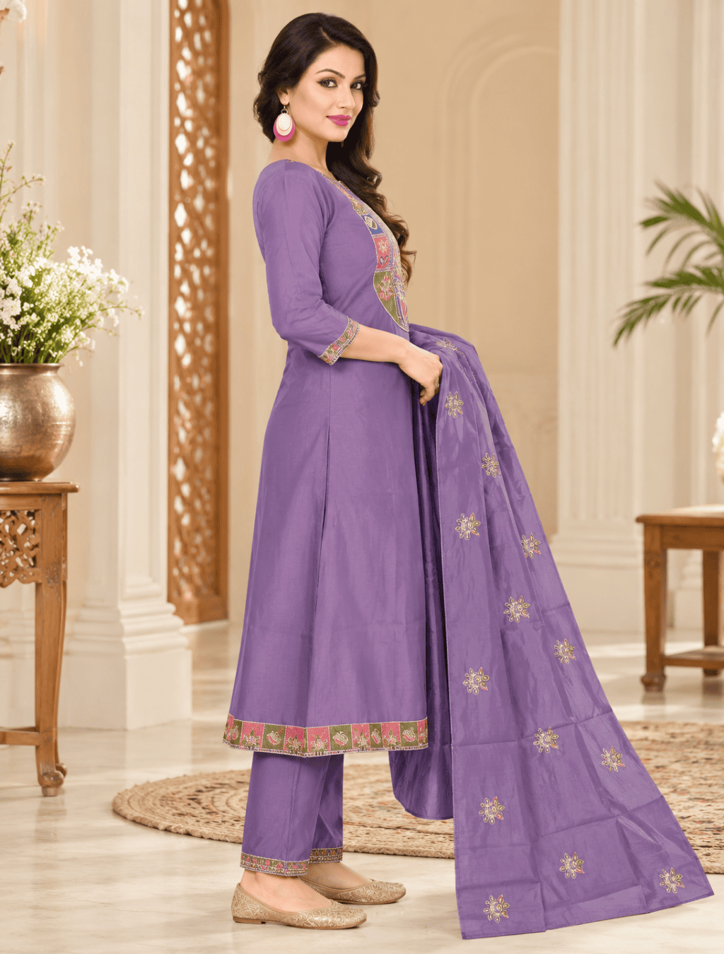 Lavender Embroidered 3 Piece Cotton Suit Set