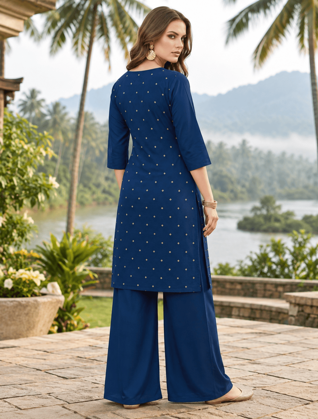 Indigo Blue Gold Print Rayon 2 Piece Kurti Set