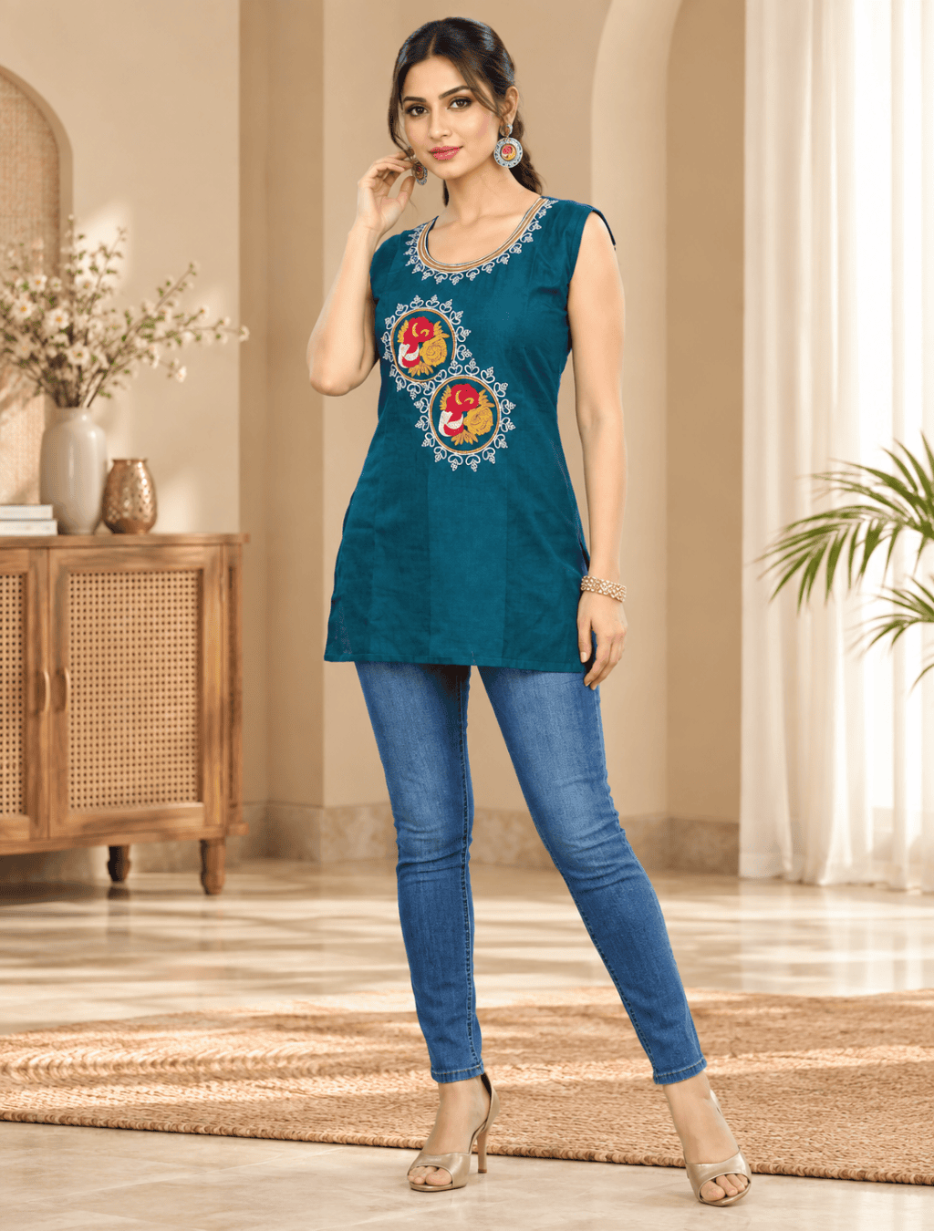 Teal Blue Embroidered Sleeveless Short Top