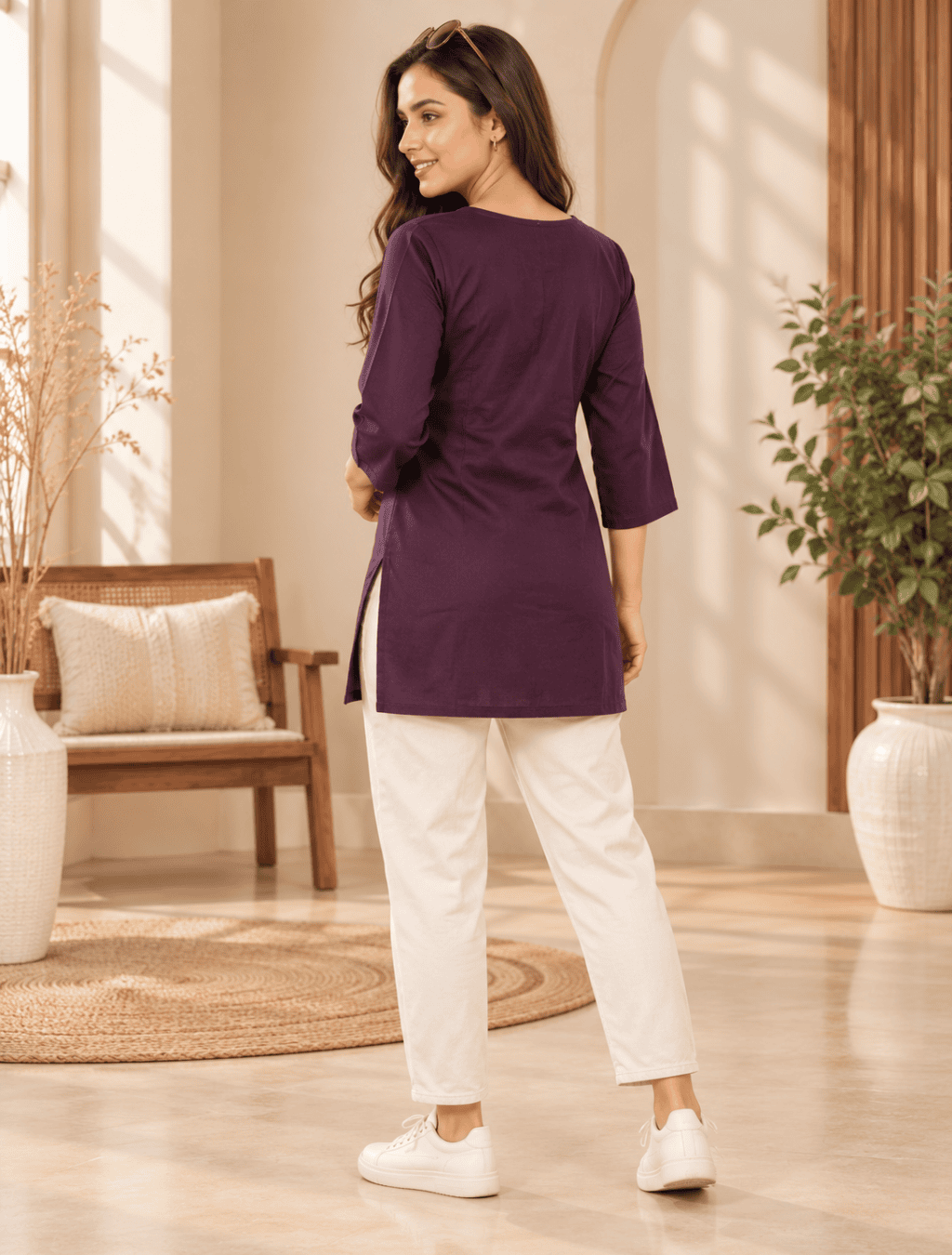 Deep Plum Peacock Embroidered V-Neck Kurti