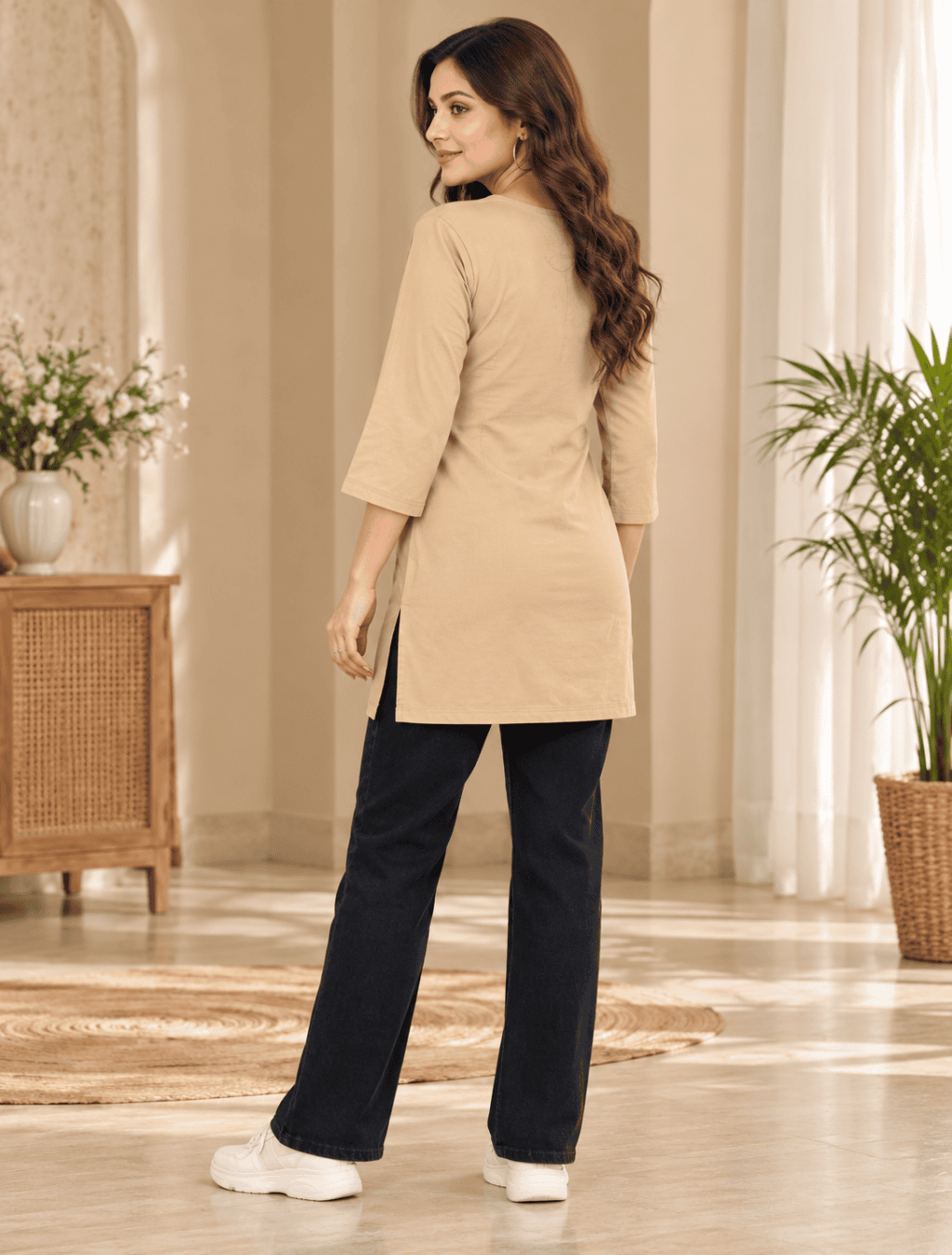 Khaki Cotton Bear Tree Embroidered Short Top