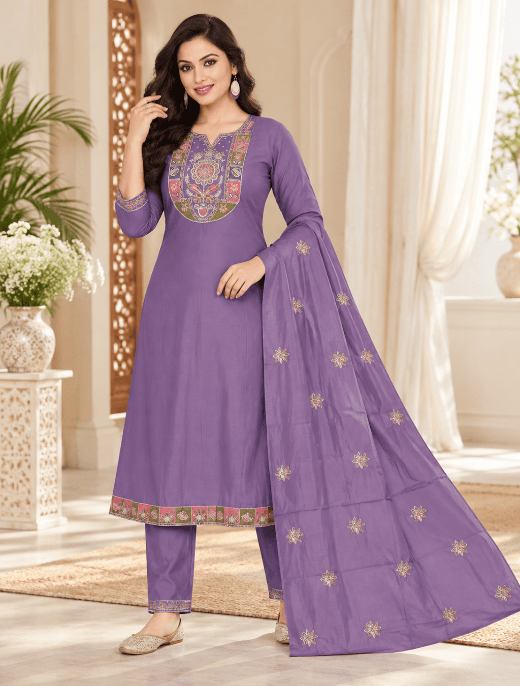 Lavender Embroidered 3 Piece Cotton Suit Set