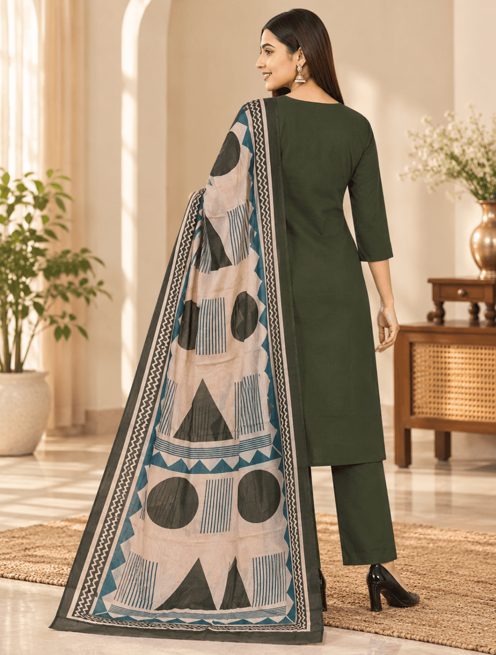 Olive Green Embroidered Cotton 3 Piece Suit Set with Printed Dupatta