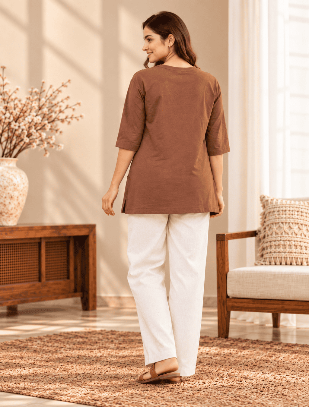 Cocoa Brown Krishna Flute Print Short Top